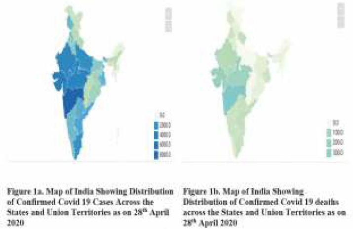 Map of India showing distribution of cases and deaths across various states and Union territories (as on 28th April, 2020 vs as on 14/07/2020)